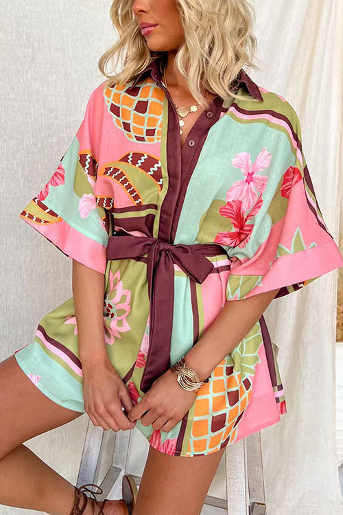 Lapel Button Up Tie Waist Floral Print Romper