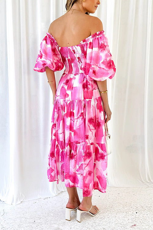 Rosiedress Off Shoulder Puff Sleeves Ruffle Tiered Printed Midi Dress