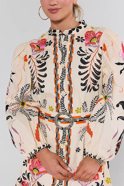 Puff Long Sleeves Button Up Floral Print Ruffle Mini Dress