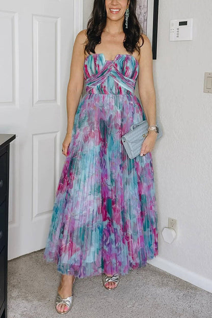 Strapless Floral Print Pleated Swing Maxi Dress
