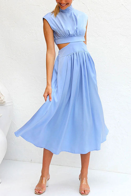Mockneck Cut Out Waist Pockets Swing Dress LightBlue