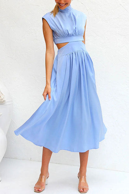 Rosiedress Mockneck Cut Out Waist Pockets Swing Dress LightBlue