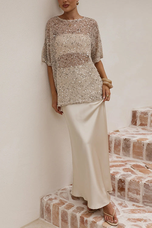 Crewneck Half Sleeves Crochet Hollow Out Sequin Top