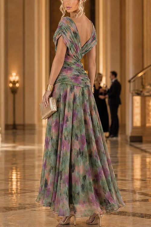 V Neck Ruched Floral Print Maxi Dress