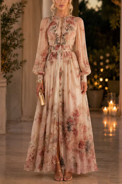 Puff Long Sleeves High Waist Floral Print Maxi Dress
