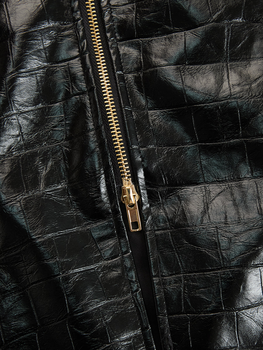 Glossy Croc-Effect Zip-Front Midi Dress