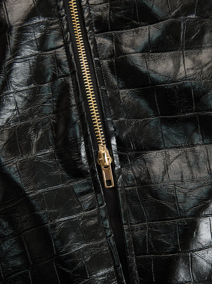 Glossy Croc-Effect Zip-Front Midi Dress