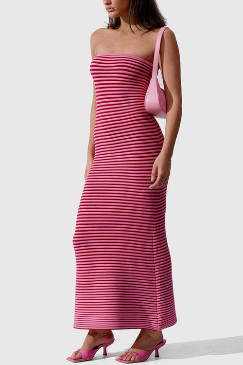 Rosiedress Strapless Tube Striped Knit Maxi Bodycon Dress