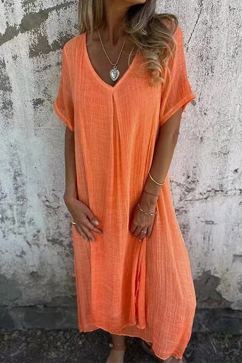 V Neck Loose Fit Cotton Linen Midi Dress Orange