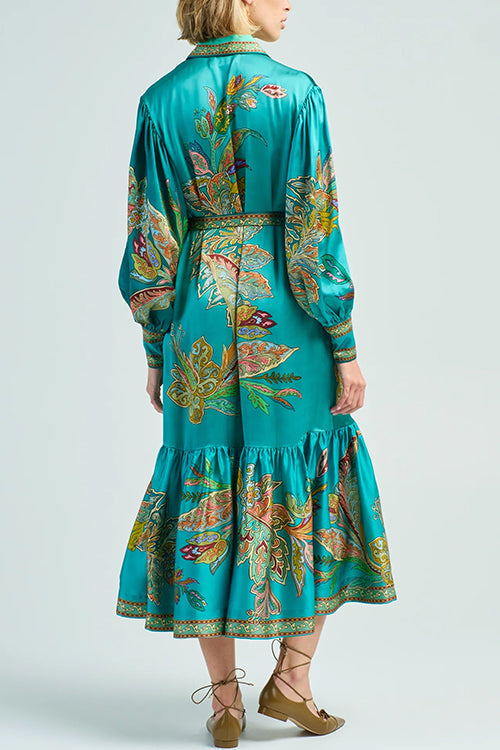 Rosiedress Long Sleeves Tie Waist Unique Print Ruffle Midi Shirt Dress