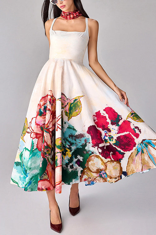 Square Neck Sleeveless Floral Print Midi Dress