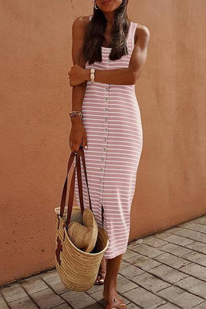U Neck Button Down Striped Midi Tank Dress Pink