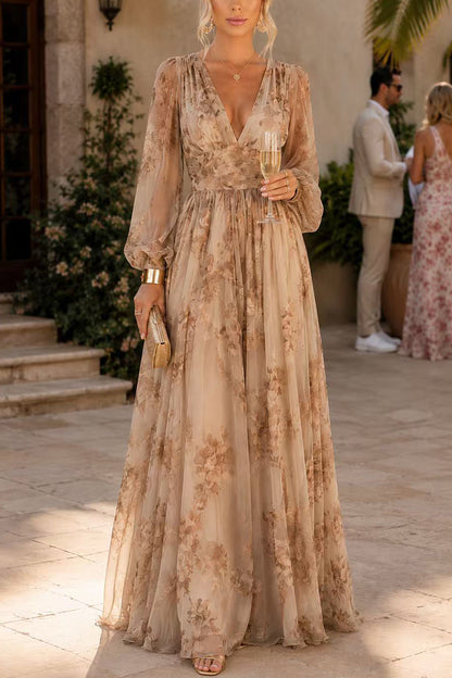 V Neck Puff Long Sleeves Floral Print Maxi Dress