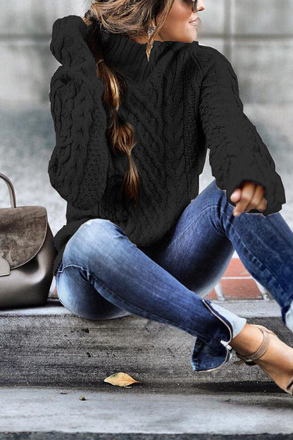 Mockneck Solid Cable Knit Pullover Sweater Black