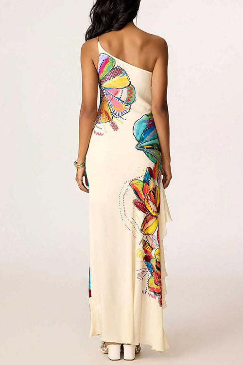 One Shoulder Sleeveless Floral Print Ruffle Slit Maxi Dress