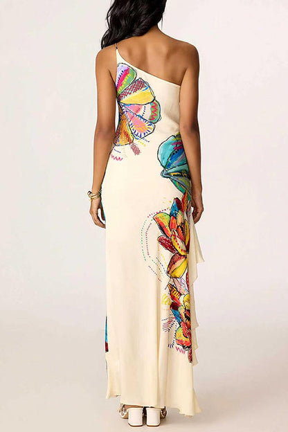 One Shoulder Sleeveless Floral Print Ruffle Slit Maxi Dress