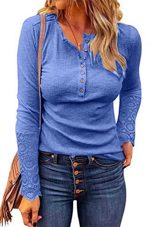 Rosiedress Suzanne Lace Splice Long Sleeve Blouses Blue