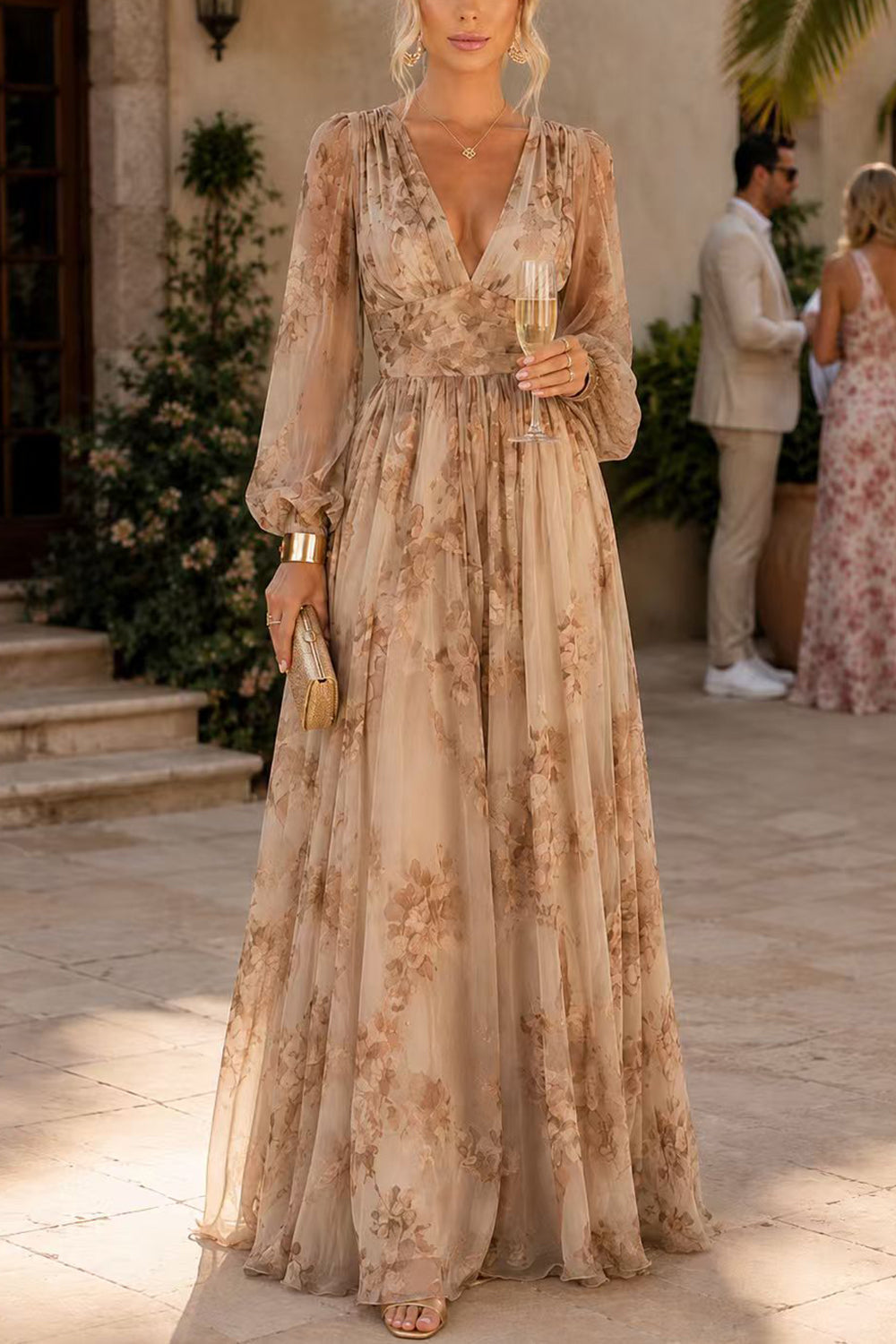 Puff Long Sleeves Waisted Floral Print Maxi Dress