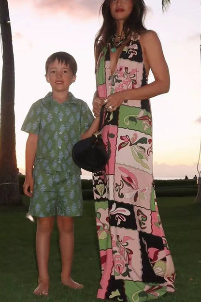 Halter V Neck Backless Printed Maxi Dress