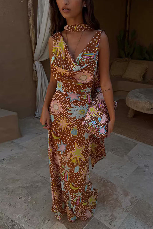Cowl Neck Open Back Printed Maxi Dress with Scarf