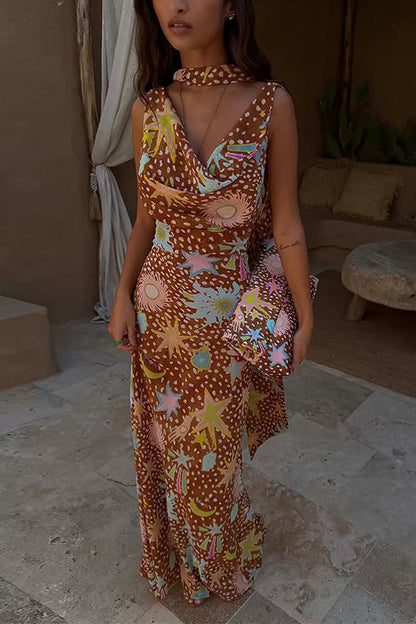 Cowl Neck Open Back Printed Maxi Dress with Scarf