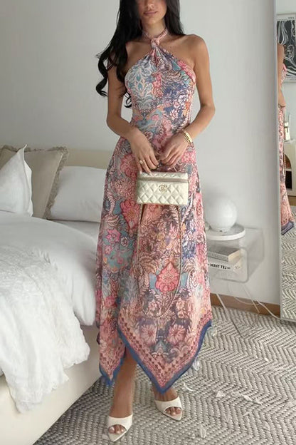 Halter Neck Open Back Floral Print Maxi Dress