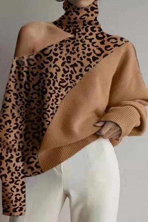 Rosiedress Turtleneck Cold Shoulder Solid Loose Sweater Leopard