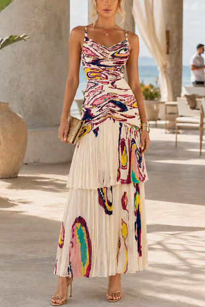 V Neck Abstract Paisley Print Chiffon Maxi Dress