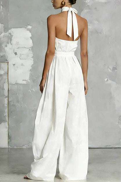 Halter Neck High Waist Pocketed Wide Leg Jumpsuit