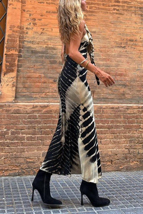 Ruffle Halter V Neck Backless Tie Dye Maxi Dress