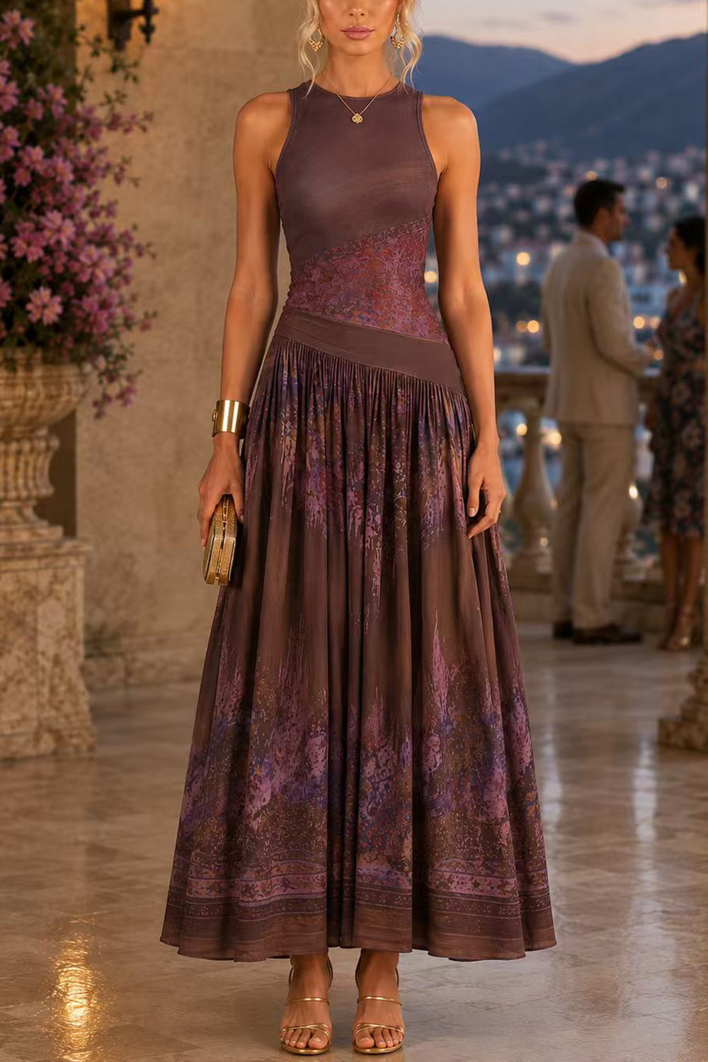 Crewneck Sleeveless Printed Flowy Maxi Dress