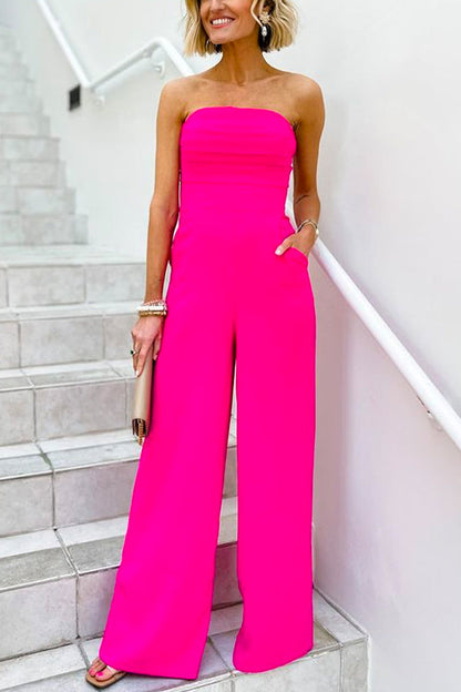 Strapless Ruched Tube Pocketed Wide Leg Jumpsuit Hot Pink