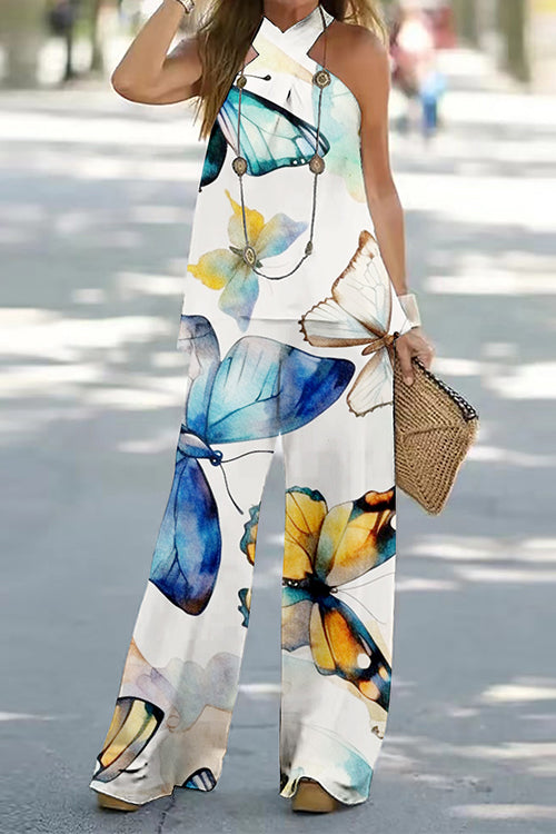 Rosiedress Criss Cross Halter Sleeveless Top Wide Leg Pants Printed Vacation Set Butterfly