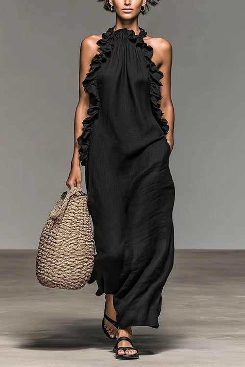 Sleeveless Linen Blend Ruffle Pocketed Maxi Dress