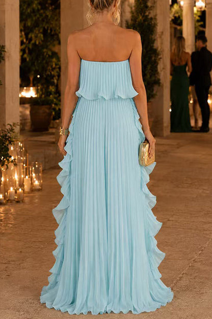 Strapless Tube Ruffle Pleated Swing Maxi Dress