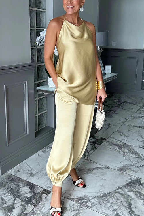 Sleeveless Open Back Top and Balloon Pants Satin Set