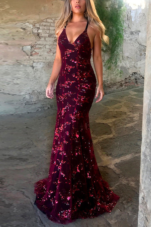 Sequin V Neck Backless Maxi Cami Mermaid Party Dress Burgundy