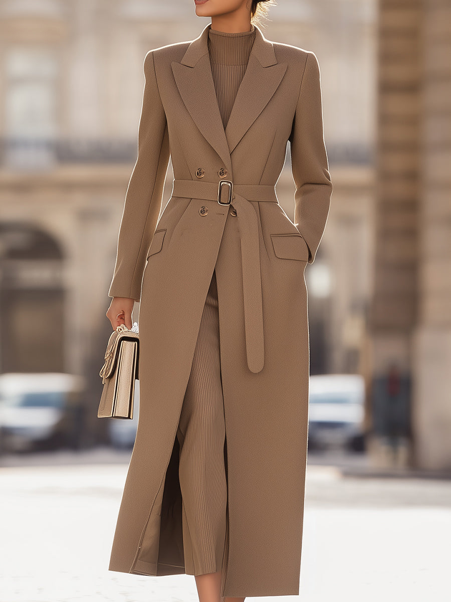 Chic Belted Long Camel Coat