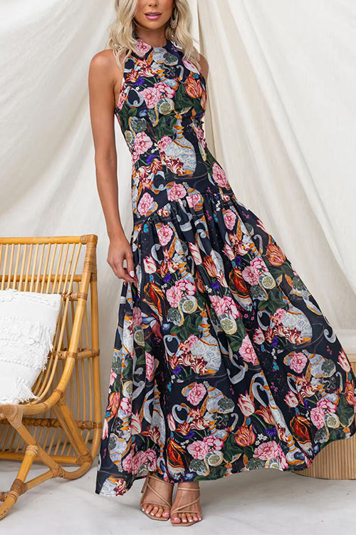 Halter Neck Floral Print Swing Maxi Dress