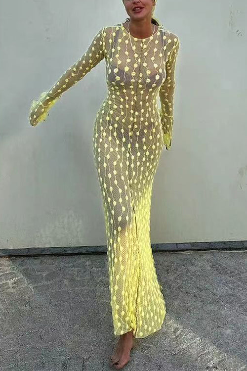 Crewneck Bell Long Sleeves Polka Dot Tulle Cover Up Maxi Dress