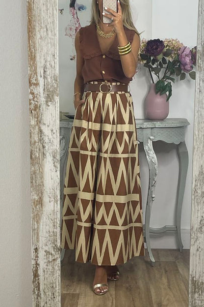 Rosiedress Pocketed Geometric Printed A-line Maxi Swing Skirt