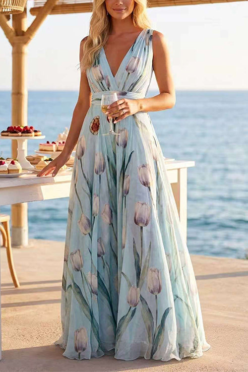 Deep V Neck Sleeveless Floral Print Swing Maxi Dress