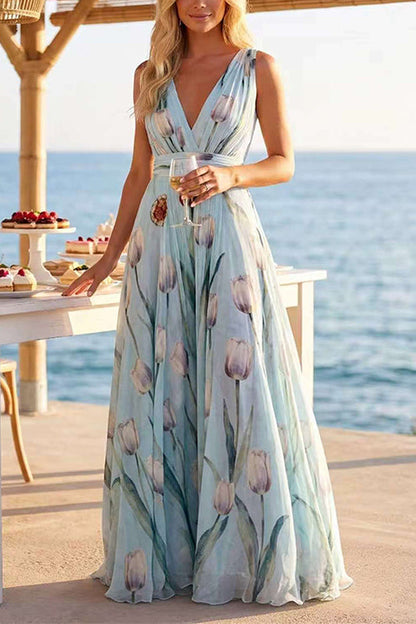 Deep V Neck Sleeveless Floral Print Swing Maxi Dress