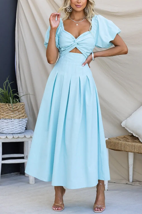 Rosiedress Twist Front Puff Sleeves Cut Out Pocketed Maxi Dress