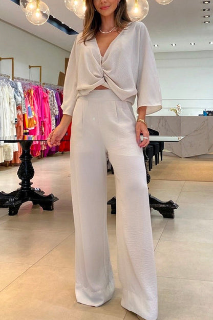 Rosiedress V Neck Twist Front Pullover Wide Leg Pants 2 Pieces Outfits White