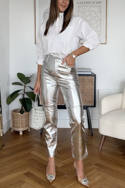 Rosiedress High Rise Metallic Faux Leather Cropped Pants