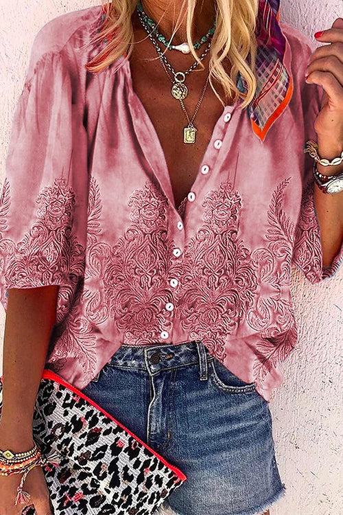 Rosiedress Long Sleeves Button Up Unique Print Shirt Pink