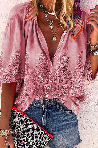 Long Sleeves Button Up Unique Print Shirt Pink