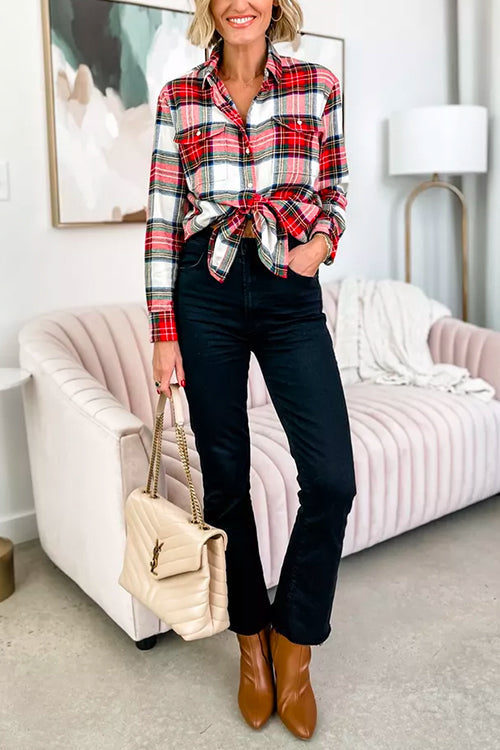 Classic Long Sleeves Button Down Plaid Blouse Shirt