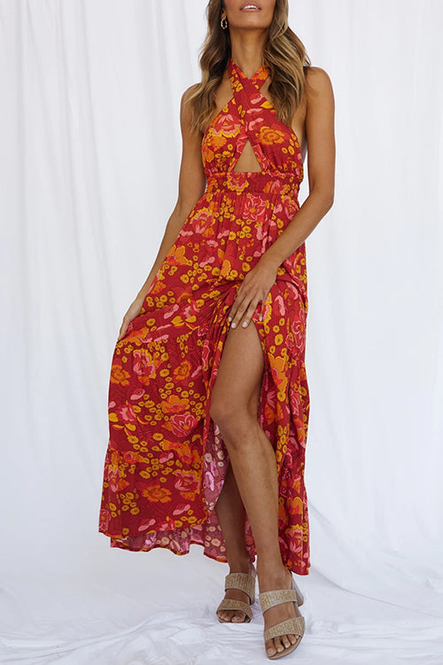 Rosiedress Criss Cross Halter Backless Cut Out Slit Floral Maxi Dress